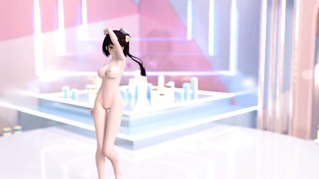 Nude Asian anime girl with huge tits posing seductively in pink neon room