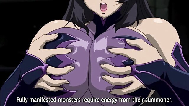 Busty black-haired witch groped by hands, tentacle hentai energy suck