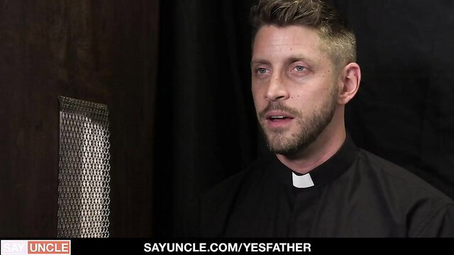 Handsome priest in confession booth, intense gaze, sayuncle yesfather gay porn