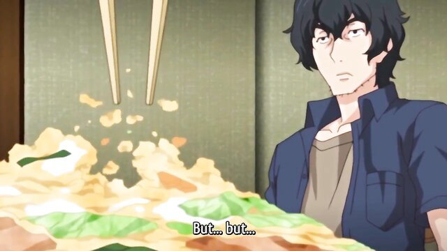 Anime guy shocked by exploding fried rice meal with chopsticks