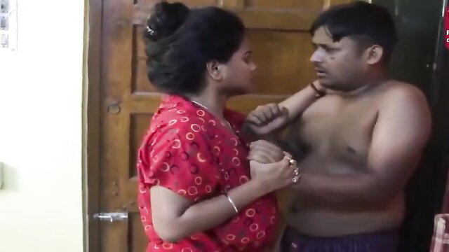 Indian wife grabs fat husband's bare chest in steamy Hindi family sex scene