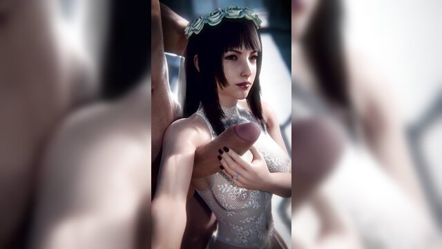 Gentiana in white lace dress gives armpitjob with big dick