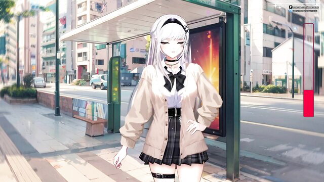 White-haired anime vtuber school bully in skirt at bus stop hentai thumbnail