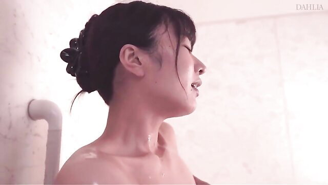 Japanese beauty in steamy shower, nude side profile closeup