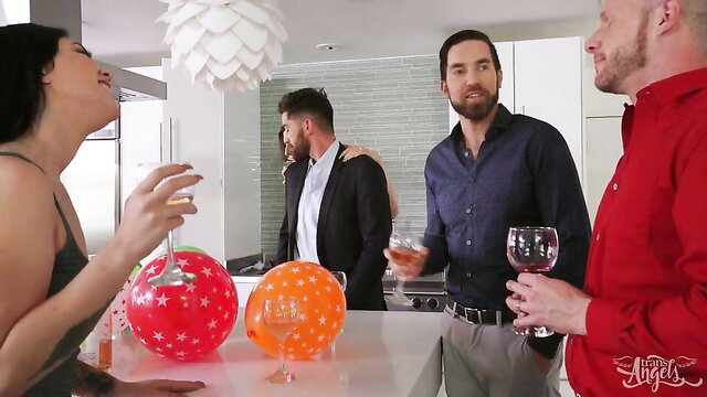 Trans Angels tranny in green dress parties with horny guys sipping drinks