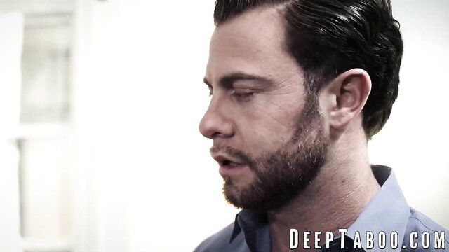 Bearded hunk Seth Gamble closeup profile in blue shirt