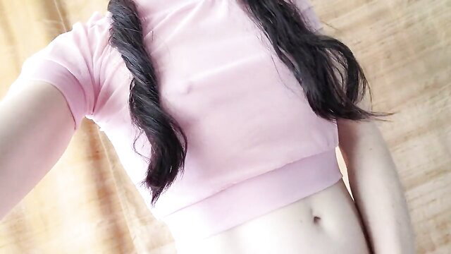 Slim Asian girl in pink crop top twintails selfie tease