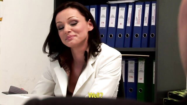 Brunette office woman in white blazer smirks teasingly at camera