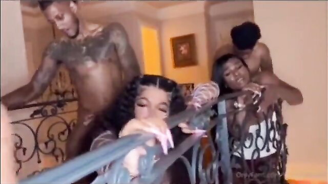 Black shemales orgy with pals grabbing thick asses on stairs