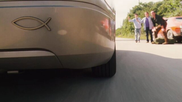 Amanda Crew Capri Cavalli roadside flirty pose by car with Christian fish symbol