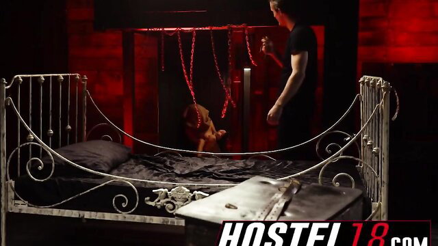 Teen Jade Jantzen tied up, man licks her pussy in BDSM scene