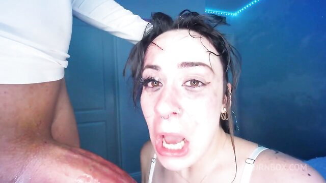 Wet brunette roughly facefucked, slapped & abused in hardcore kink