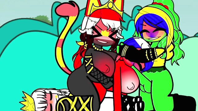 Anthro cat queen with huge tits groped by green elf girl in explicit hentai embrace