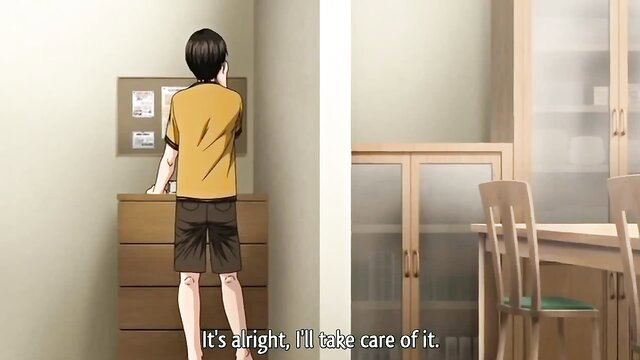 Anime boy in yellow tank top and shorts stands at desk in JAV hentai Ep.1