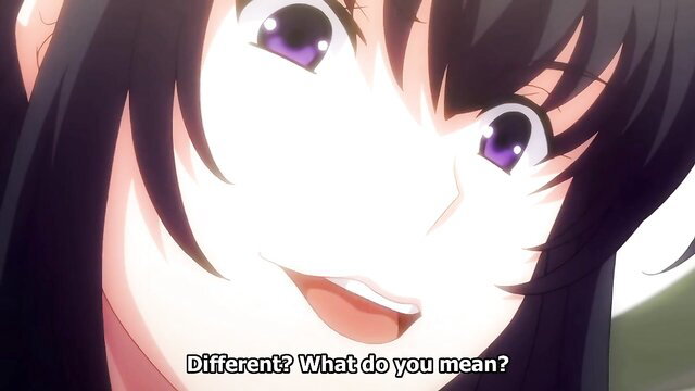 Busty black-haired hentai nurse with purple eyes smirks closeup