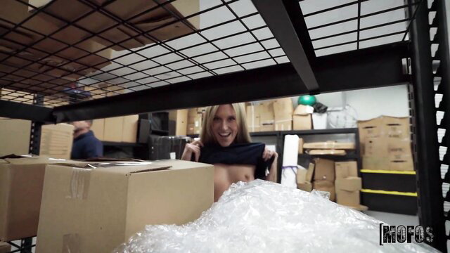 Addison Vodka topless in warehouse, flashing tits over bubble wrap boxes