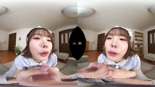 Asian cutie in frilly lingerie blows kiss in hot VR erotic video