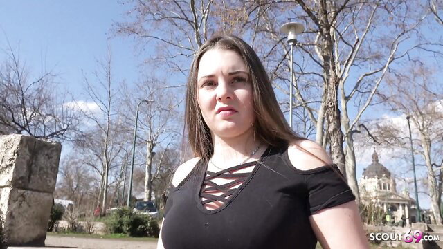 Curvy natural German schoolgirl in sexy black top at street casting