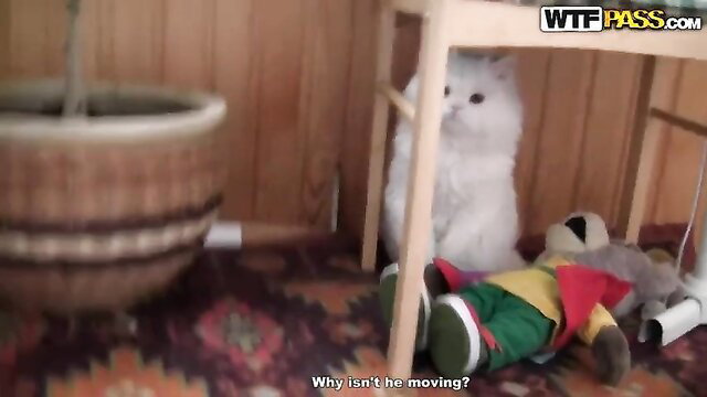 Krystal Boyd as cute white catgirl confused by lifeless toy on WTFpass