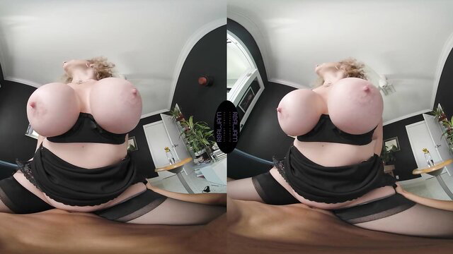 Sara Jay topless in lingerie and stockings, huge tits VR view