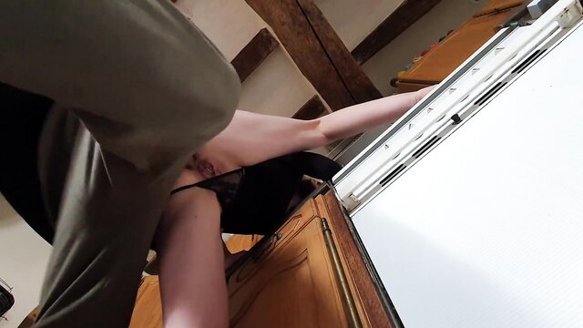 Amateur anal pounding while she cooks in lingerie POV