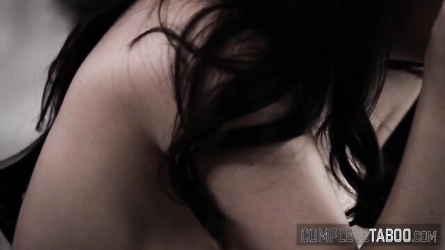 Closeup of sexy brunette's bare shoulder and cleavage, Horny teen tease