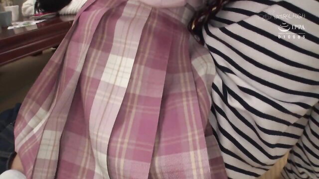 Asian teen in plaid skirt lifted, striped top, bent over desk tease