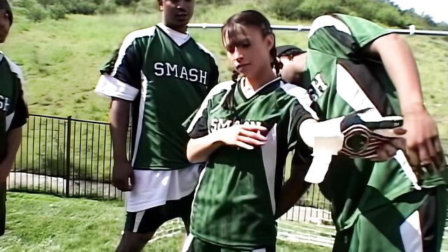 Jayna Oso cheerleader in soccer gangbang with BBC team DP action