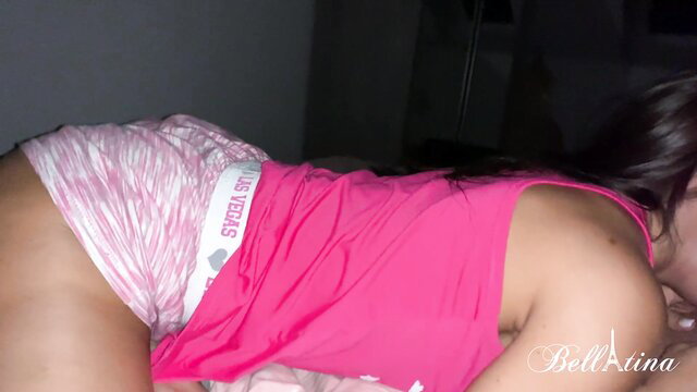 Asian babe Bellina in pink panties and tank top, sexy ass up pose