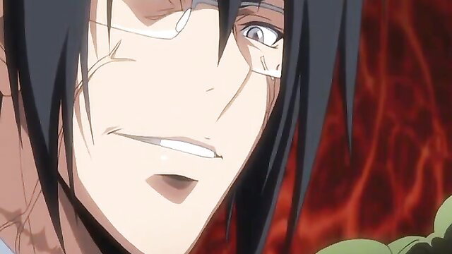 Dark Knight Ingrid hentai closeup of smirking anime male with bandages and glasses