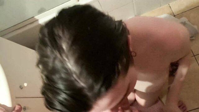 Hungry young babe seduces plumber with shaved pussy tease in bathroom