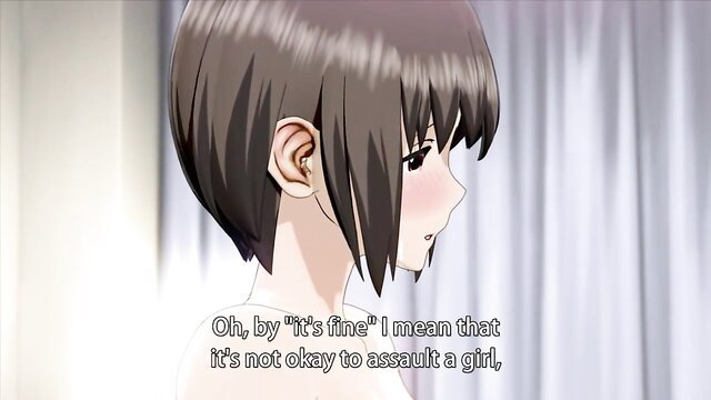Anime hentai girl with short brown hair, blushing side profile closeup