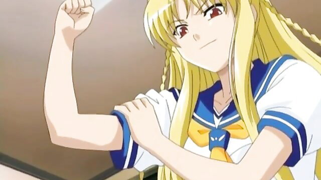 Blonde anime girl flexing muscular arm in tight sailor school uniform