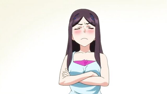 Cute anime girl with long black hair, flushed face, arms crossed in tank top