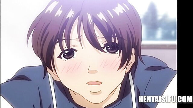 Blushing Japanese hentai girl with purple hair in seductive closeup