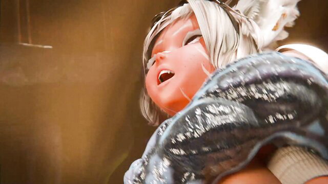 White-haired anime girl with fox ears in intense embrace, open mouth ecstasy