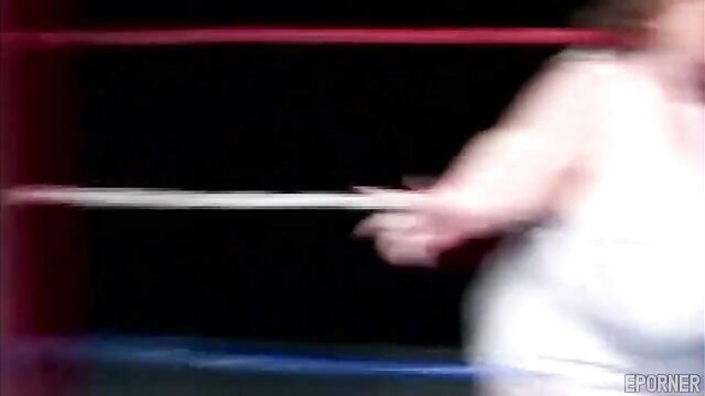 BBW in white outfit grabs ropes in ring, horny threesome tease