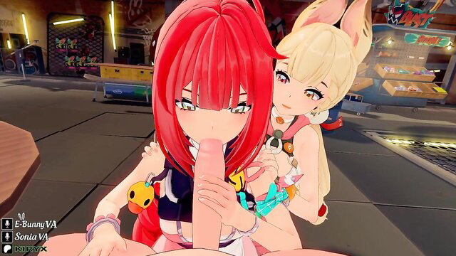 Yuzuha & Alice redhead & blonde bunny girls double blowjob in ZZZ hentai