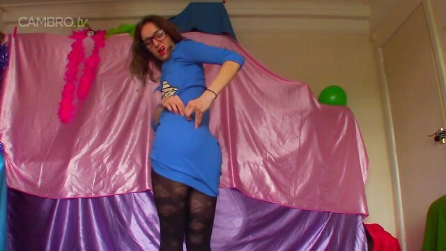 Goddess Vanessa in tight blue dress and stockings, horny hormone growth tease