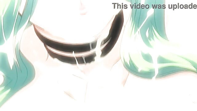 Anime girl with teal hair smirks mysteriously, peeking on couple sex