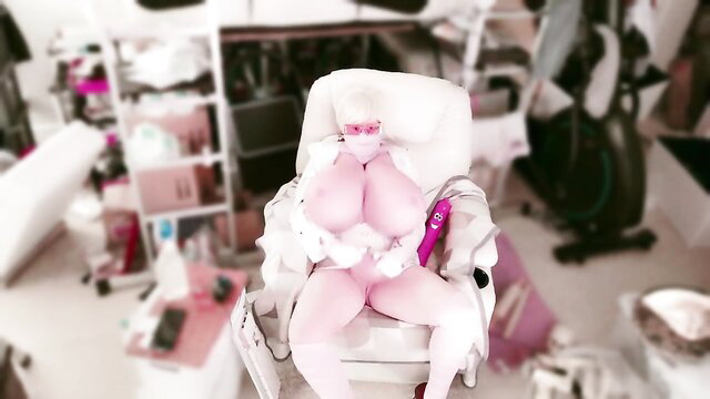 BigBullBallsSissy big tits blonde sissy in white lingerie, diaper, mask