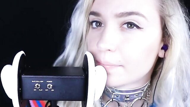 Rose ASMR blonde with choker licks mic no hands ear licking closeup