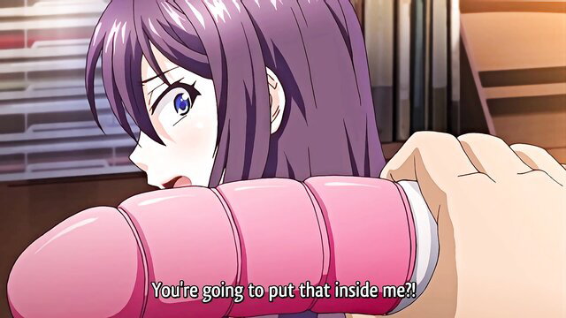 Busty purple-haired hentai teacher shocked as huge dildo pressed to her