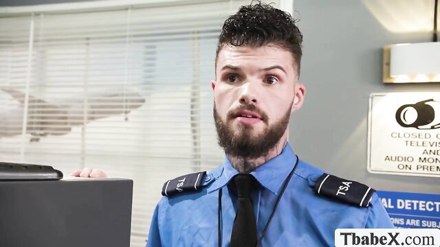 Crystal Thayer as shemale flight attendant with security guard at airport
