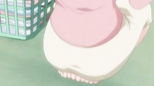Anime hentai girl in panties with laundry basket, huge ass closeup