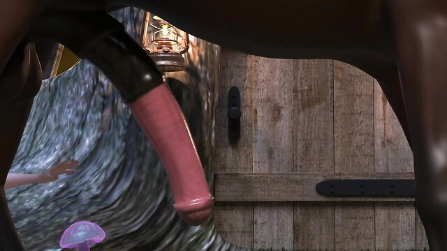 Centaur girl fucked by huge pink dildo in barn door scene