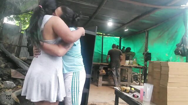 Latina babes hugging at work with boss watching amateur fuck tease