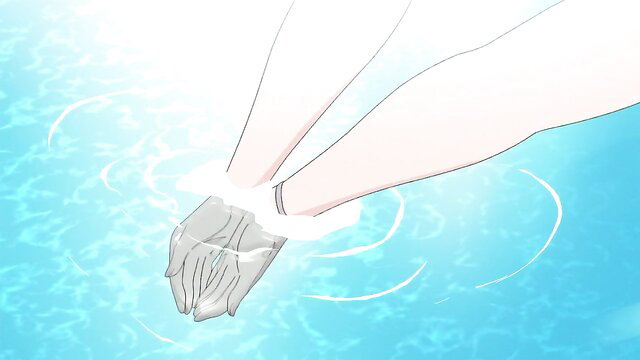 Anime girl in white gloves submerged in blue water, hands clasped underwater
