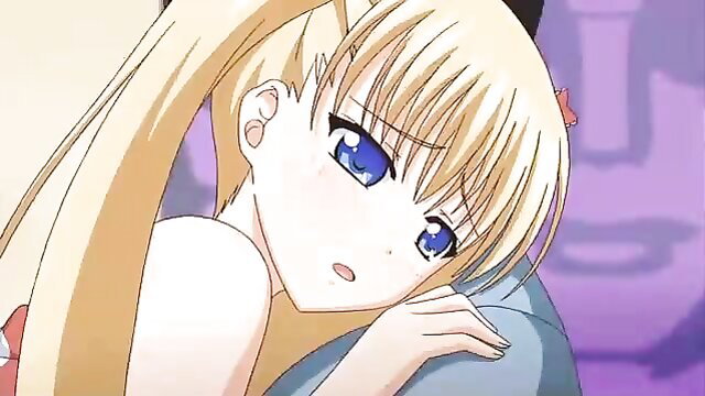 Busty blonde anime schoolgirl with blue eyes in steamy hentai threesome