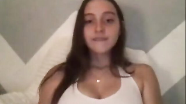 Cute brunette teen girl in tank top on Omegle, big tits cleavage